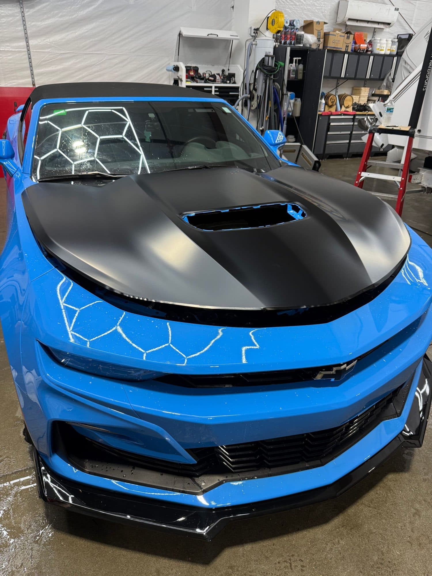 Camaro hood wrapped in paint protection film